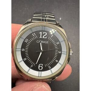 Vintage Carriage by Timex Wristwatch Black Dial Silver Tone Stretch Band 40mm